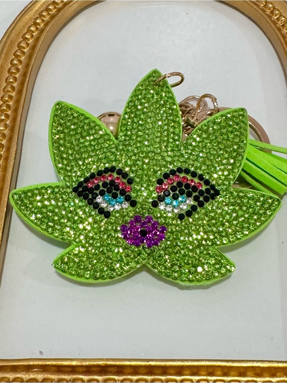 New Sparkling Lime Green Leaf Crystal Face Keychain Charm